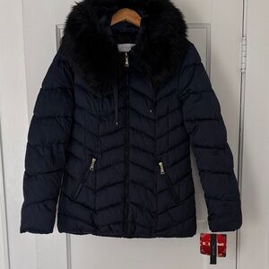 Tahari Navy Puffer Jacket with Faux Fur Hood